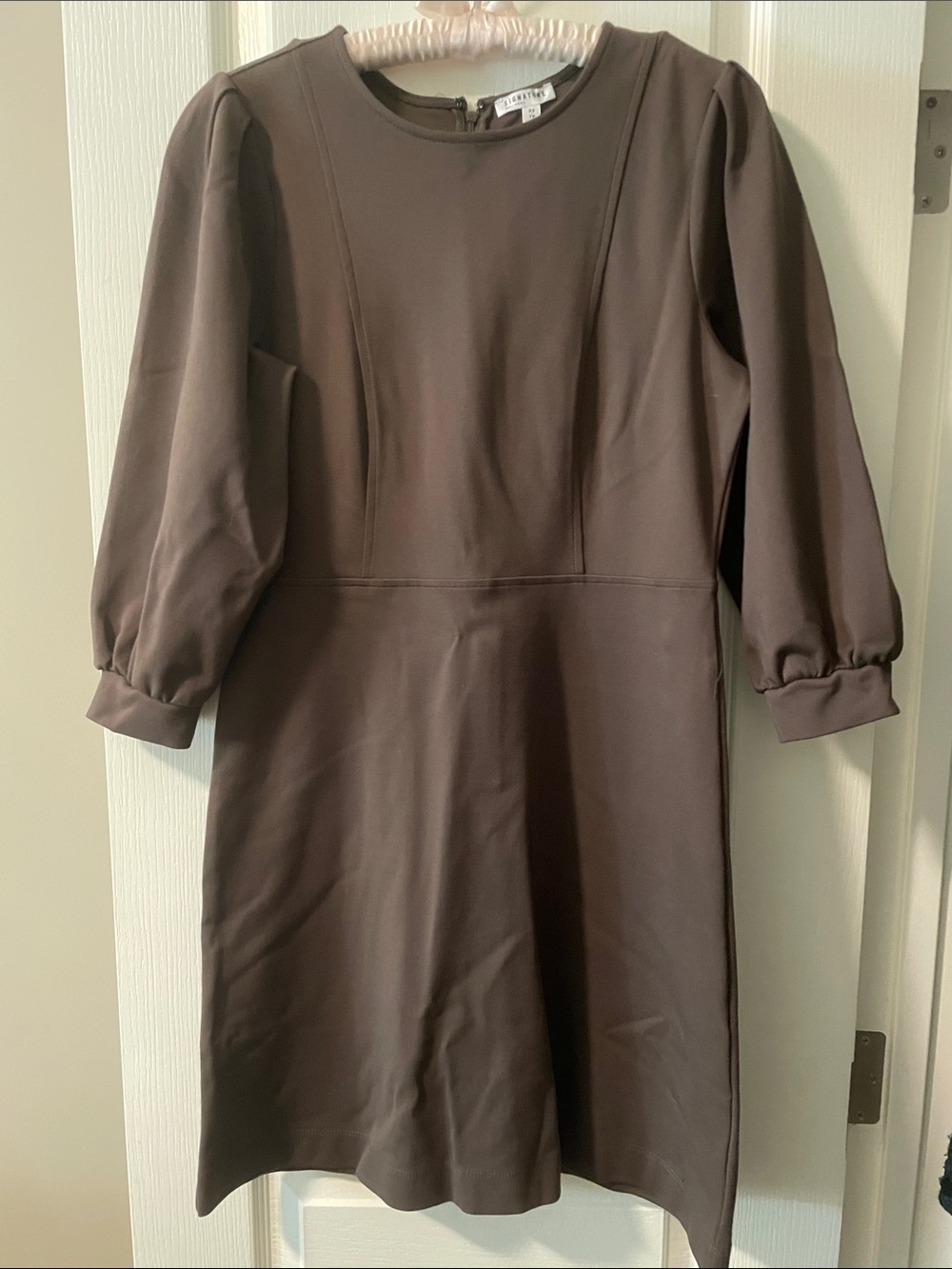 Puff-Sleeve Shift Dress in Brown